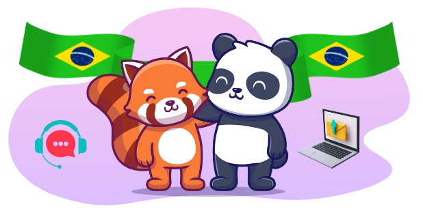 Two cute pandas, one red and one black and white, standing together with Brazilian flags in the background, and customer support icons, suggesting a focus on customer support in Brazil.