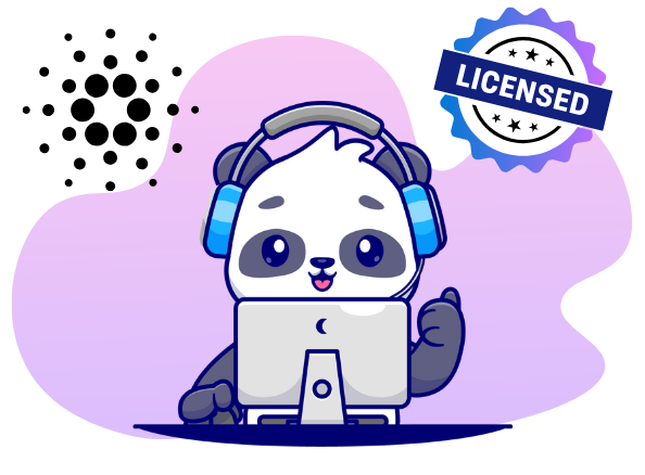 Panda wearing headphones, sitting in front of a computer with a 'LICENSED' badge in the top corner, on a purple gradient background.