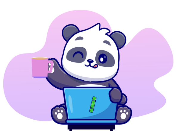 Panda winking while holding a pink mug and sitting with a laptop, with the Cardano logo above on a purple gradient background.