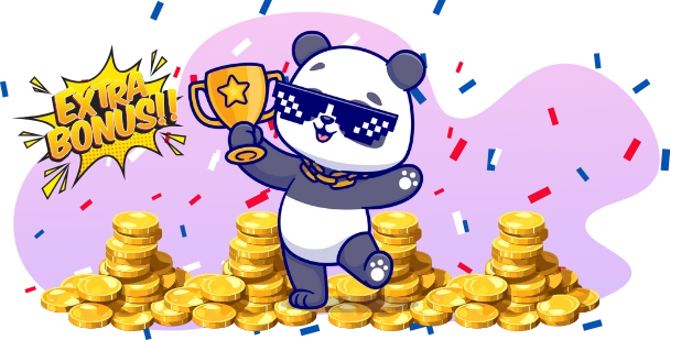 Happy panda enjoying the benefits of extra casino bonuses, with a trophy, sunglasses, coins, and an "EXTRA BONUS" sign.