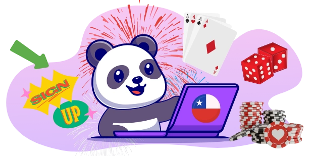 A cute panda using a laptop with the Chilean flag, surrounded by playing cards, dice, poker chips, and a "SIGN UP" button, suggesting a call to action for online casino sign-ups in Chile.