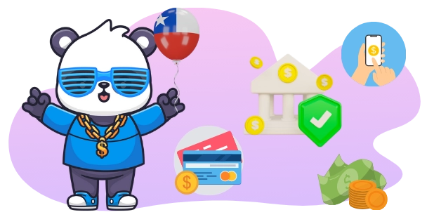 A cool panda wearing sunglasses and a gold chain, holding a Chilean flag balloon, with bank, credit card, and mobile payment icons, suggesting a focus on secure online payments in Chile.