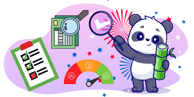 Playful panda encouraging customer reviews, with a magnifying glass, a checklist, a feedback meter, and fireworks.