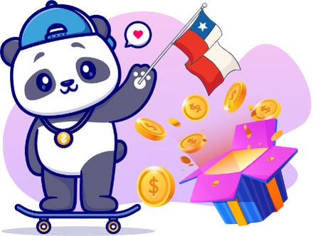 Happy panda celebrating online rewards, with a Chilean flag, a skateboard, a treasure chest, and coins.