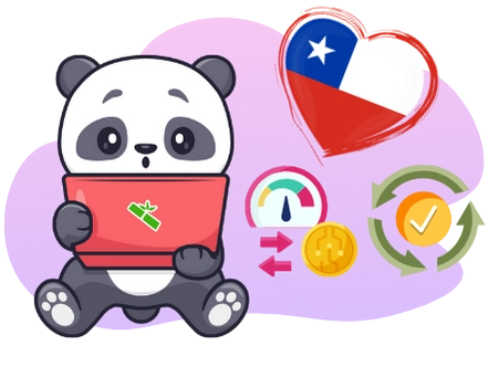 A cute panda looking surprised while using a laptop, with a heart-shaped Chilean flag, a speedometer, coins, and a checkmark, suggesting a focus on online transactions and financial services in Chile.