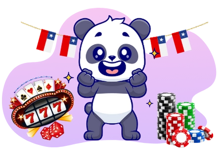 Happy panda enjoying the excitement of Chilean online casinos, with Chilean flags, a slot machine, dice, and poker chips.