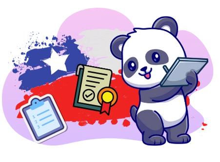 Playful panda promoting licensed online activities in Chile, with a tablet, a checklist, a certificate, and the Chilean flag.