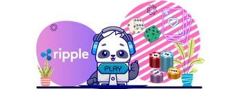 A panda wearing headphones, holding a "Play" button and surrounded by casino symbols