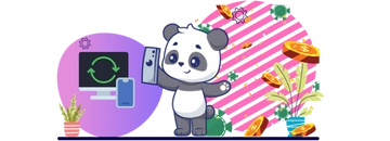 A panda with a smartphone and a computer, with coins and casino chips around