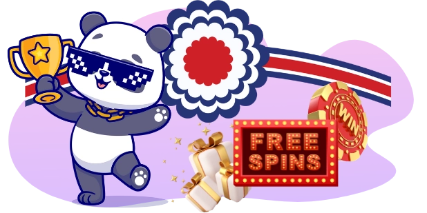 A cool panda wearing sunglasses and a gold chain, holding a trophy, with a "FREE SPINS" sign, casino chips, and a ribbon, suggesting a focus on online casino bonuses and rewards.