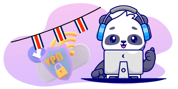 A cute panda wearing headphones and working on a computer, with a VPN shield, Wi-Fi symbol, and Costa Rican flags, suggesting a focus on online security and privacy in Costa Rica.