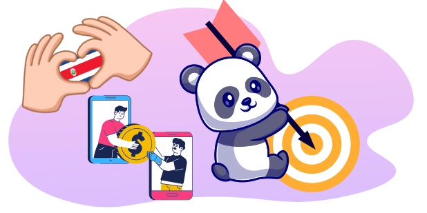 Playful panda promoting online transactions, with a target, a heart shape with the Costa Rican flag, and people using smartphones.