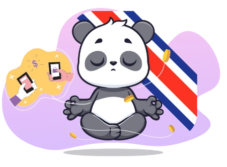 Happy panda enjoying the peace of mind that comes with secure online transactions in Costa Rica, with the Costa Rican flag and mobile payment icons.