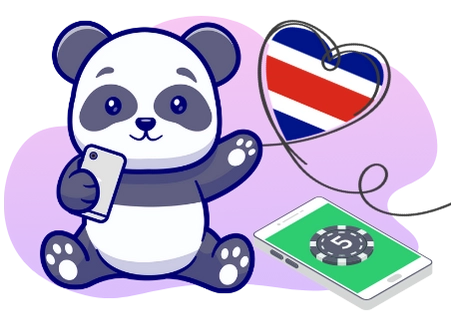 A cute panda holding a smartphone, with a heart-shaped Costa Rican flag and another smartphone displaying a casino chip, suggesting a focus on online casinos in Costa Rica.