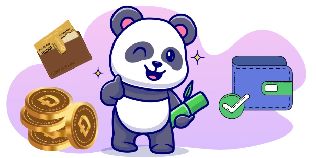 A cute panda holding a bamboo stick, standing next to a stack of Dogecoin coins, a wallet, and a credit card, suggesting a focus on cryptocurrency and online payments.