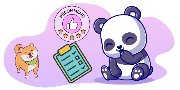 A cute panda giving a thumbs up, with a checklist and a Shiba Inu dog, suggesting a focus on recommendations and reviews.