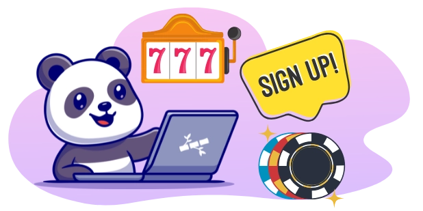 Playful panda promoting online casino sign-ups, with a laptop, a slot machine, and a "SIGN UP!" speech bubble.