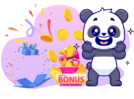 Playful panda promoting casino bonuses, with gift boxes, coins, and confetti.