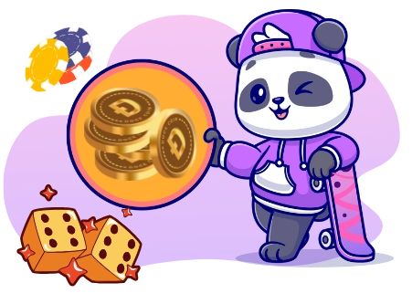 A cool panda holding a stack of DOGE coins, standing on a skateboard with dice and poker chips, suggesting a focus on Dogecoin and online casinos.