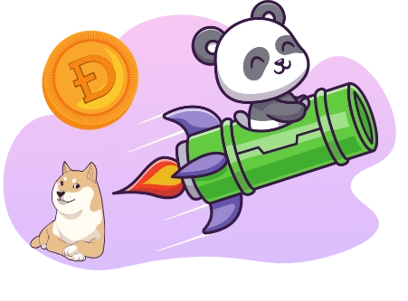 A cute panda riding a rocket towards a large Dogecoin coin, with a Shiba Inu dog watching from below, suggesting the growth and popularity of Dogecoin.