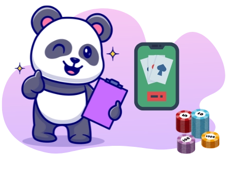 Happy panda enjoying online poker, with a smartphone, poker chips, and a clipboard.