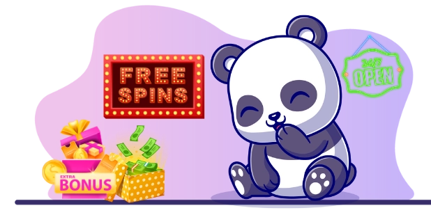 Happy panda cartoon character enjoying the excitement of online casinos, with gift boxes, money, and a "FREE SPINS" sign.