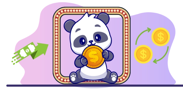 Happy panda cartoon character enjoying the convenience of online casino deposits, with a coin and money exchange symbols.