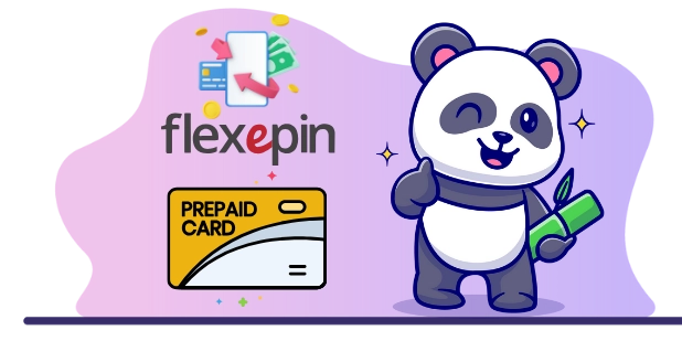 Playful panda cartoon promoting flexepin payments, with a flexepin card and payment icons.