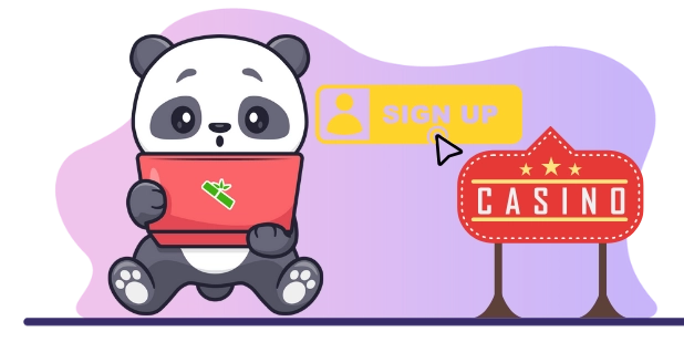 Cute panda cartoon character using a laptop, with a "SIGN UP" button and a casino sign in the background, suggesting a focus on online casinos and gambling.