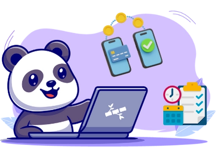 Cute panda cartoon character working on a laptop, with icons representing mobile payments, time management, and task completion.