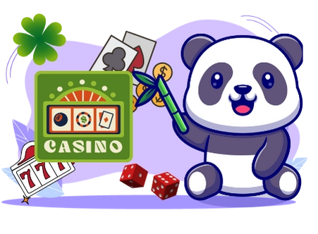 Happy panda cartoon character enjoying the excitement of online casinos, with playing cards, dice, and a slot machine.