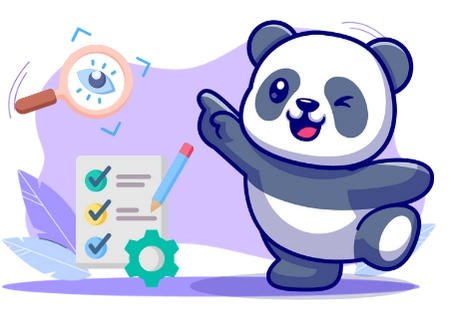 Cute panda cartoon character pointing towards a checklist and a magnifying glass, suggesting a focus on quality assurance and attention to detail.