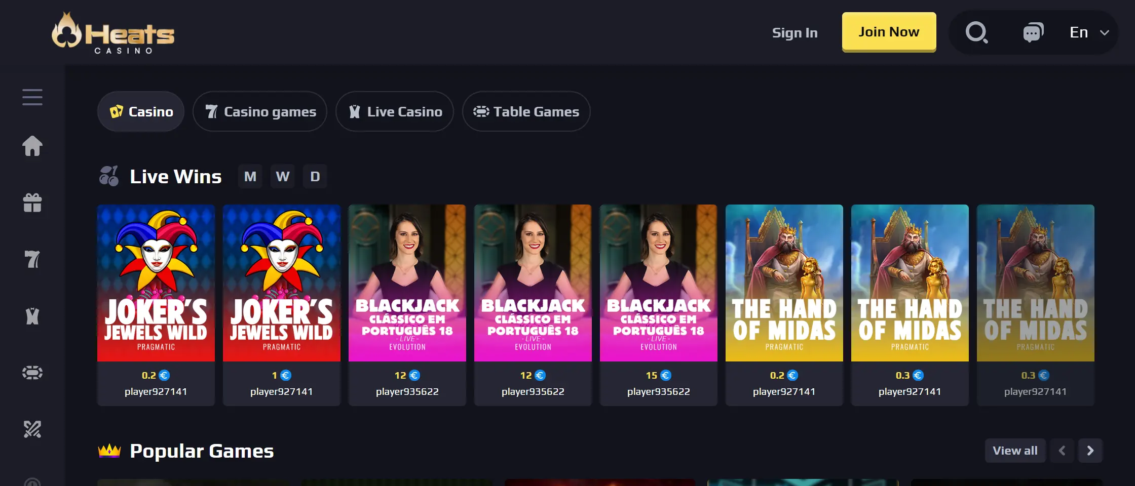 Heats Casino UI and UX