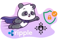 A panda superhero flying towards a secure shield with a Ripple logo