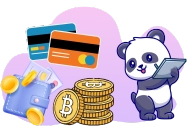 A panda with credit cards, a wallet, and Bitcoin coins