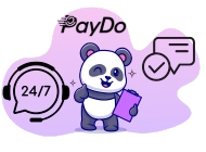 A panda with a clipboard and a 24/7 support icon