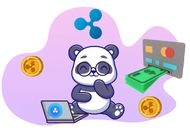 A panda using a laptop with Ripple, surrounded by coins and a cash dispenser.