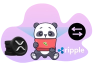 A panda using a laptop with the Ripple logo, with exchange arrows