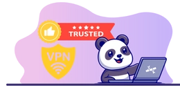 Panda smiling with "trusted" text on background