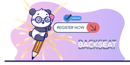 A panda on a pencil looking to "register now" and "backseat" logos