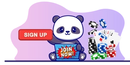 Cute panda with a computer with "join now" sticker and there is chips, cards and "sign up" text on background