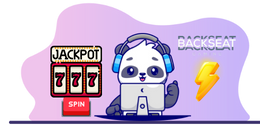 A panda with headphones using a computer with casino symbols and "backseat logo" on the right