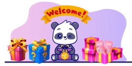 A happy panda with gifts and a welcome sign