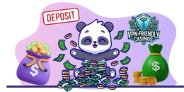 Panda with bunch of gold coins and cash with "deposit" text and "vpn friendly" logo on background