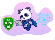 Cartoon panda with a superhero suit and vpn amblem