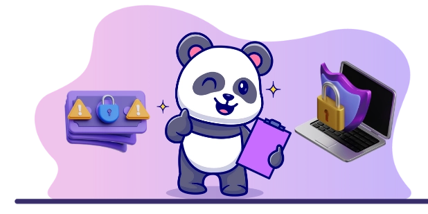 Happy panda cartoon character enjoying a secure online experience, with a clipboard and security symbols.