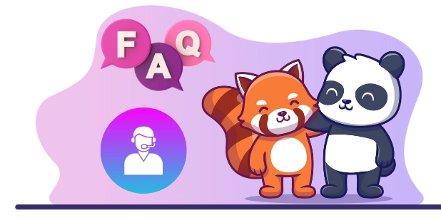 Cute panda and red panda cartoon characters, with a "FAQ" sign and a customer support icon, suggesting a focus on customer service and support.