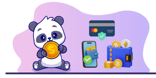 Playful panda cartoon promoting secure online payments, with credit cards, Bitcoin, and a mobile phone with a checkmark.