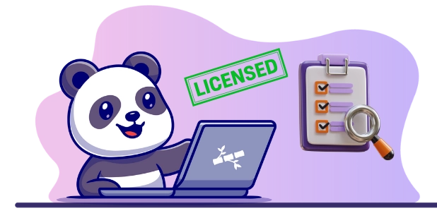 Playful panda cartoon promoting licensed services, with a laptop, a checklist, and a "LICENSED" stamp.