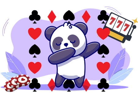 Cute panda cartoon character doing the dab, surrounded by playing cards and a slot machine with 